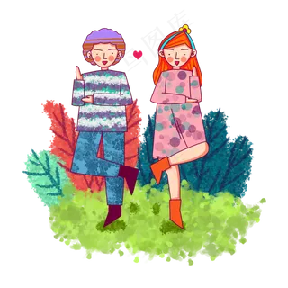 卡通风格情侣踏青游玩