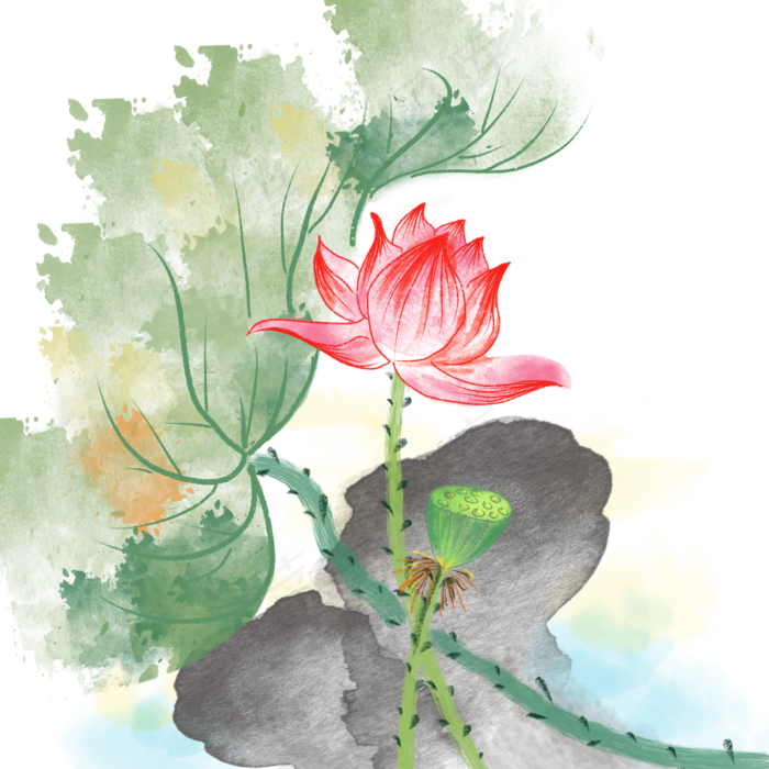 水墨红色荷花(2000X2000(DPI:300))psd模版下载