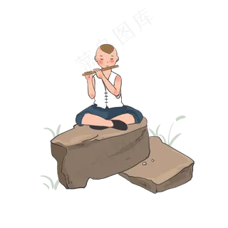 坐在石头上吹笛的牧童