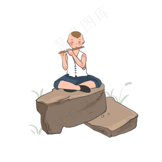 坐在石头上吹笛的牧童