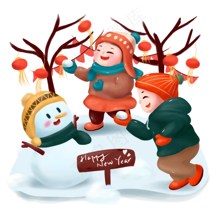 打雪仗迎新年冬季节气欢乐喜庆可,免抠元素(2000X2000(DPI:300))psd模版下载