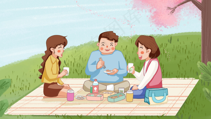长假出游野餐多人小清新手绘