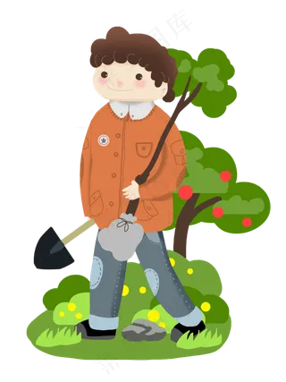 植树节手拿树木和铲子男孩