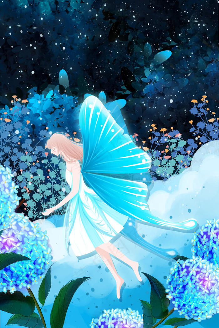 夜晚梦幻蓝色花海(3545X5315(DPI:300))psd模版下载