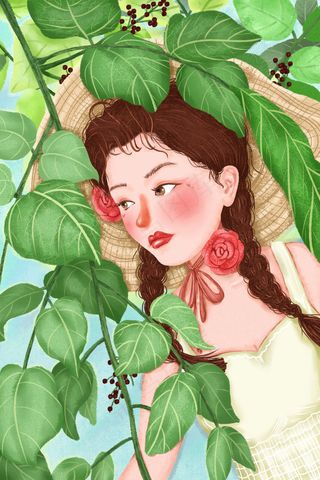 夏天卡通小清新花与少女配图