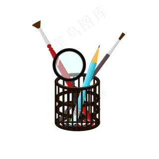 手绘矢量扁平工业欧式风笔筒和笔