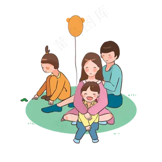 全家一起坐在草地玩耍
