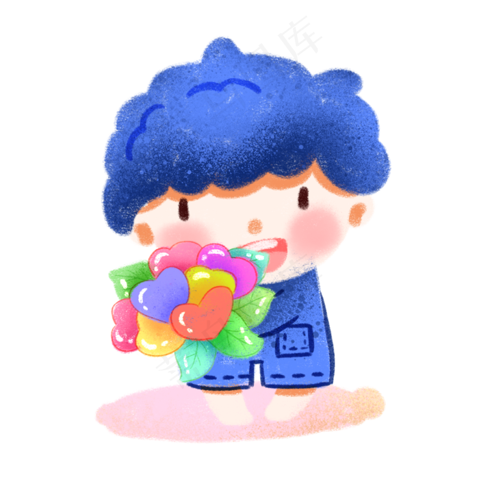 手绘小清新爱情丘比特，捧鲜花的