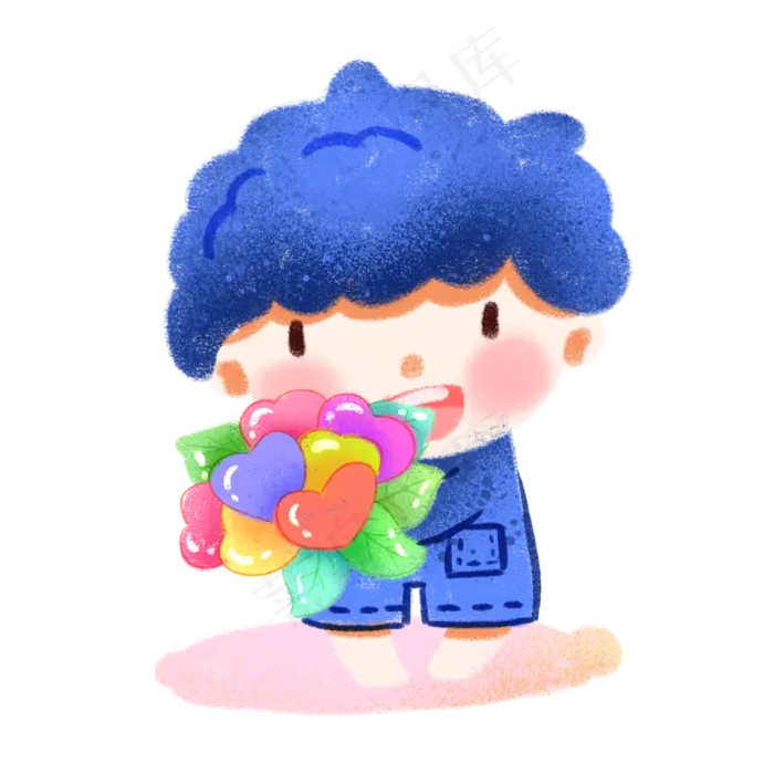 手绘小清新爱情丘比特，捧鲜花的