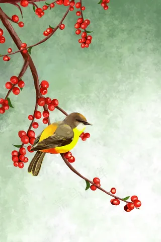 工笔画花鸟红果子图