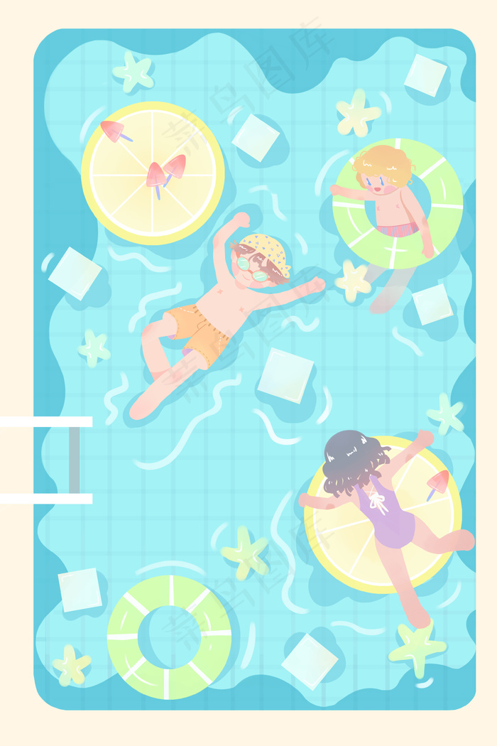 蓝色系冷色调夏天卡通小清新立夏游泳泳池(3545X5315(DPI:300))psd模版下载