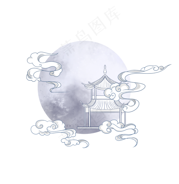 手绘古风月亮祥云插图(2480X2550(DPI:300))psd模版下载