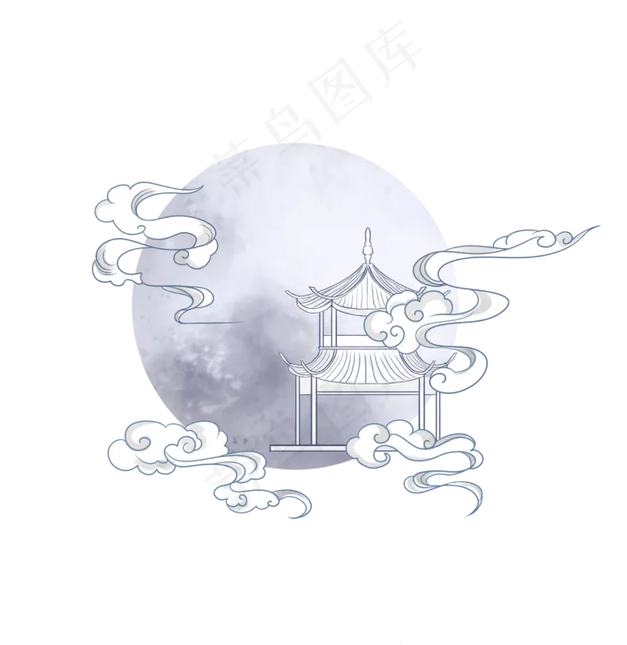 手绘古风月亮祥云插图(2480X2550(DPI:300))psd模版下载