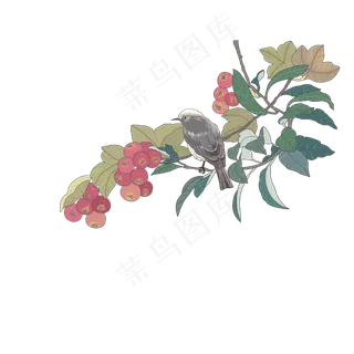 花鸟工笔红果春夏树枝麻雀PNG,免抠元素