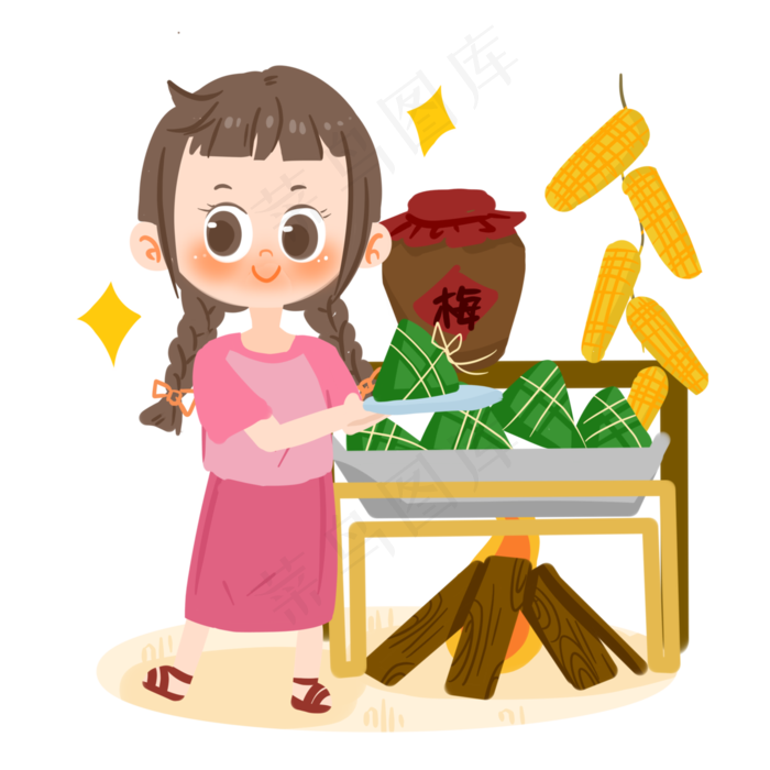 端午节卡通女孩吃粽子PNG素材(3000X3000(DPI:300))psd模版下载