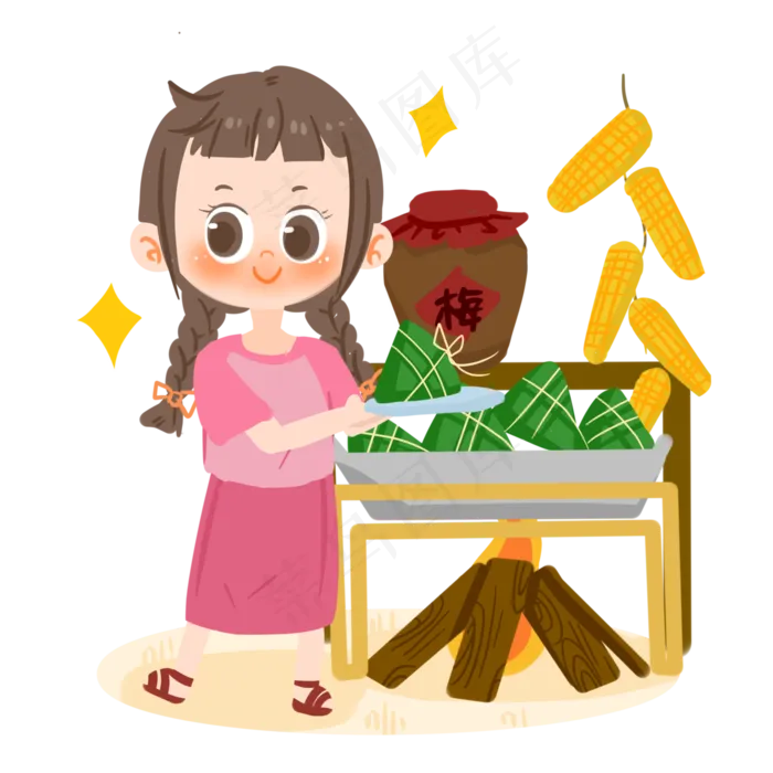 端午节卡通女孩吃粽子PNG素材(3000X3000(DPI:300))psd模版下载