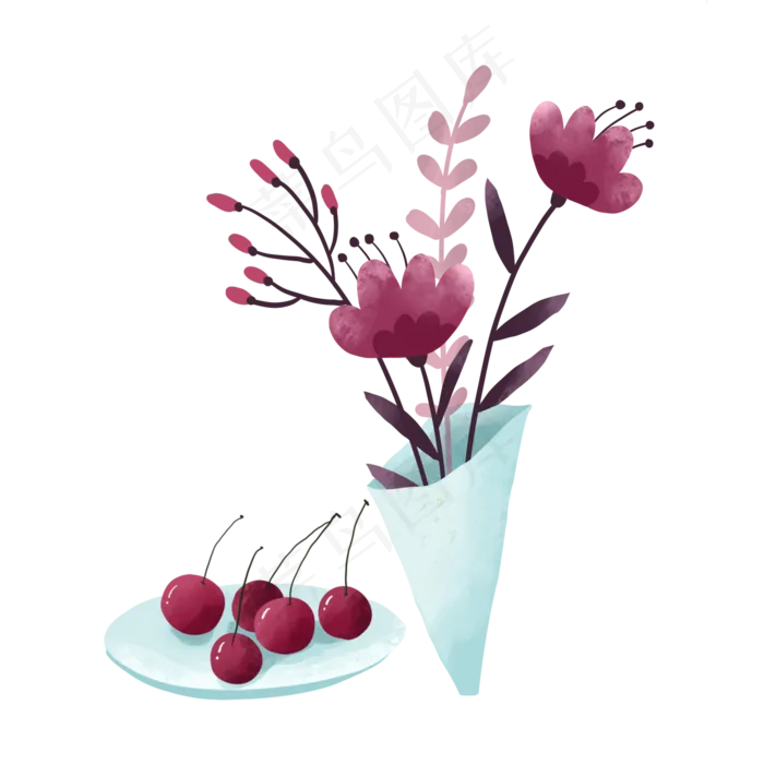 手绘文艺玫红色花朵和车厘子PNG免,免抠元素(2048*2048px 300 dpi )psd模版下载