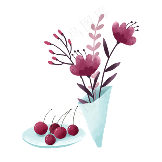 手绘文艺玫红色花朵和车厘子PNG免,免抠元素