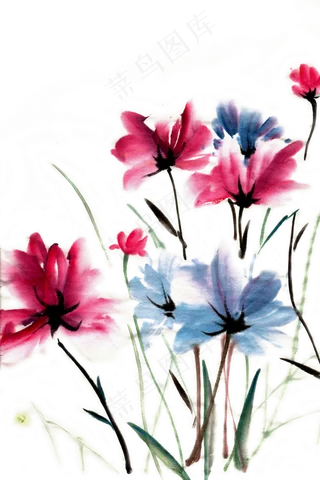 鲜花花束国画PNG免抠素材