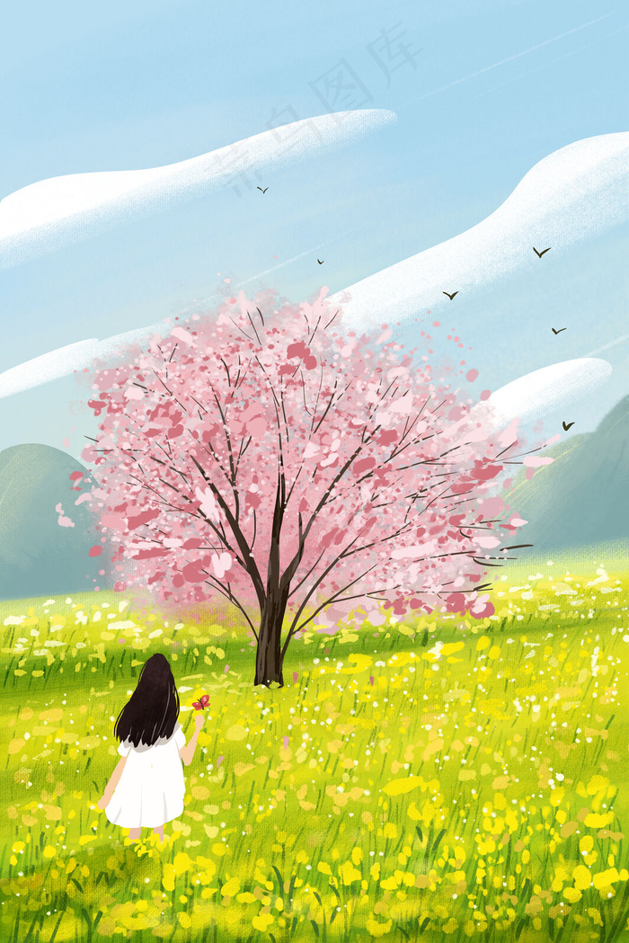 女孩欣赏春天油菜花樱花花海小清新(3545X5315(DPI:300))psd模版下载
