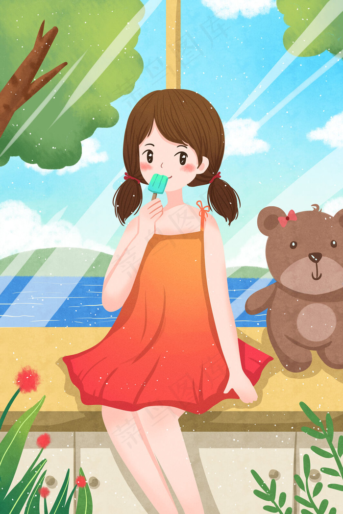 夏天女孩吃冰棒插画