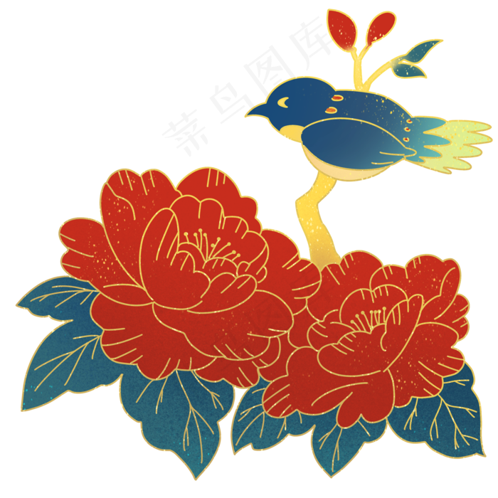 国潮金线花鸟,免抠元素