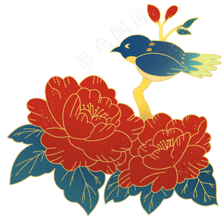 国潮金线花鸟,免抠元素