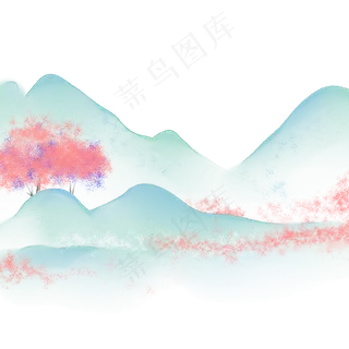 水彩樱花山水