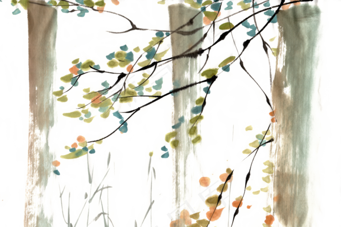 秋叶静美水墨画PNG免抠素材