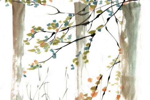 秋叶静美水墨画PNG免抠素材