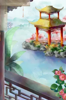 中国风古风建筑水榭芭蕉园林夏季山水 中国风古风建筑水榭芭蕉园林夏季山水