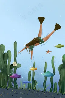 冷色系海底夏日游泳潜水小清新配图