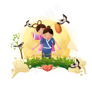 七夕情人节牛郎织女鹊桥汇背媳妇,免抠元素