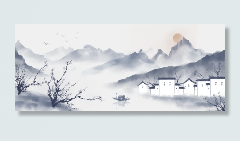 中国风手绘水墨风景山水徽派建筑