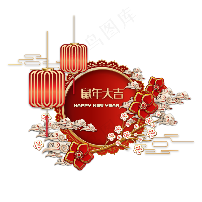 鼠年红色喜庆新年剪纸装饰,免抠元素(2000*2000px 300 dpi )ai矢量模版下载