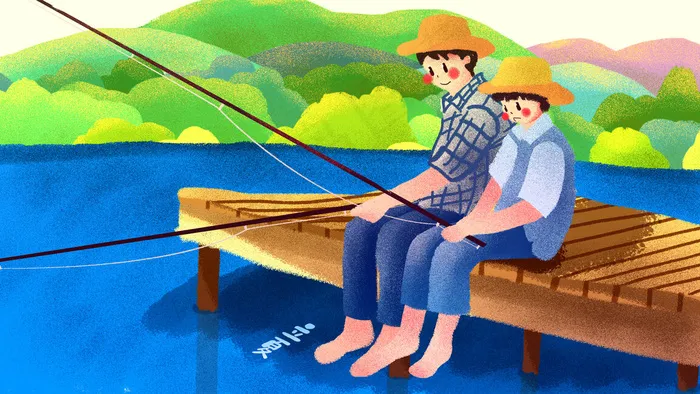 卡通手绘风立夏河边钓鱼配图(2880X1620(DPI:300))psd模版下载
