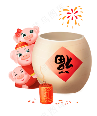 猪年吉祥物猪猪放鞭炮过新年祝福,免抠元素
