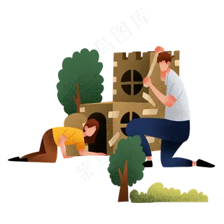 扁平肌理风撘房子父女