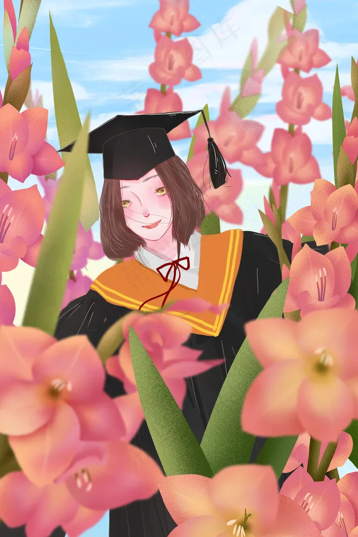日系唯美治愈毕业花与少女春天夏至蓝天白云