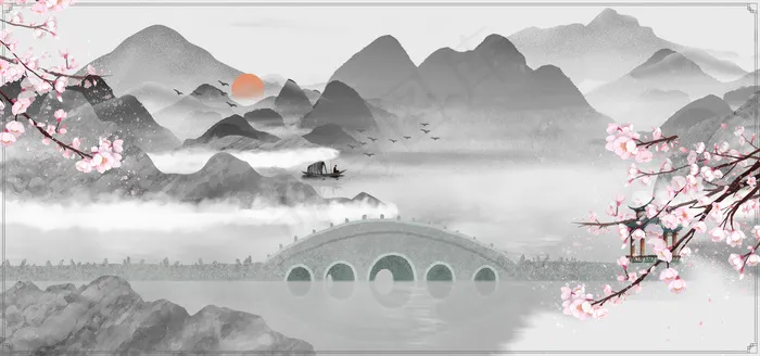 水墨古风山水廊桥(1920*900px 	       )psd模版下载