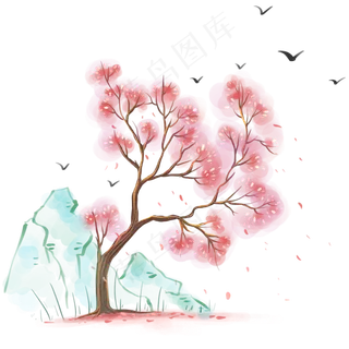 中国风樱花和假山