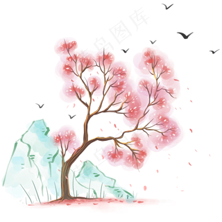 中国风樱花和假山