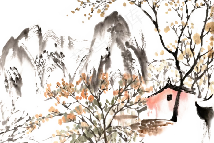 秋季山村风景水墨画PNG免抠素材(7087*4724px 300 dpi )psd模版下载