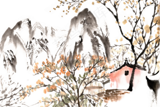 秋季山村风景水墨画PNG免抠素材