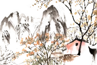 秋季山村风景水墨画PNG免抠素材
