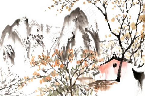 秋季山村风景水墨画PNG免抠素材 秋季山村风景水墨画PNG免抠素材
