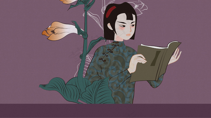 民国风美女读书国潮白描工笔水墨画(1125X2436(DPI:72))psd模版下载