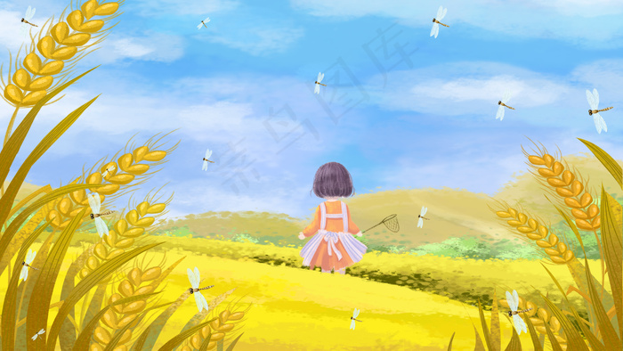 小满芒种黄色女孩麦田捕蜻蜓(2880*1620px 300 dpi )psd模版下载