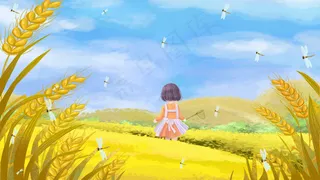小满芒种黄色女孩麦田捕蜻蜓