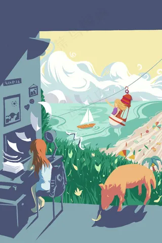 立夏室外海滩场景清新插图